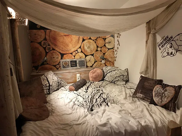 Slaapkamer met een baldakijn en een wand van boomstammen